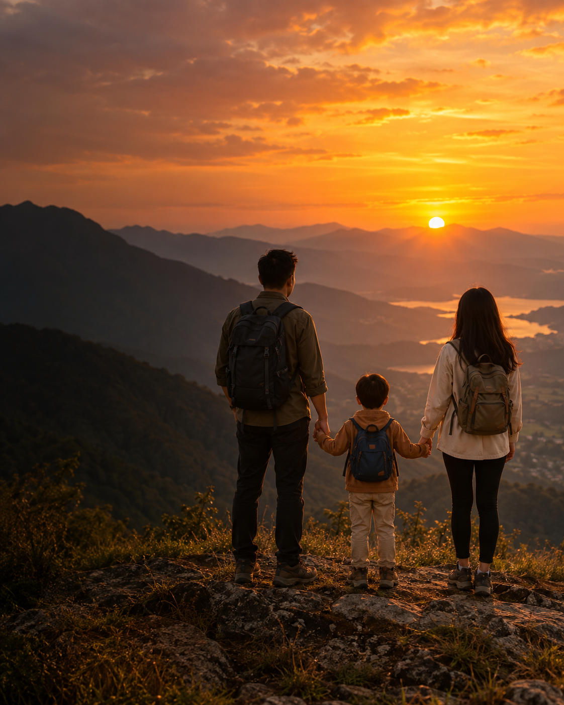 Gia đình ba người nắm tay nhau trên núi lúc hoàng hôn